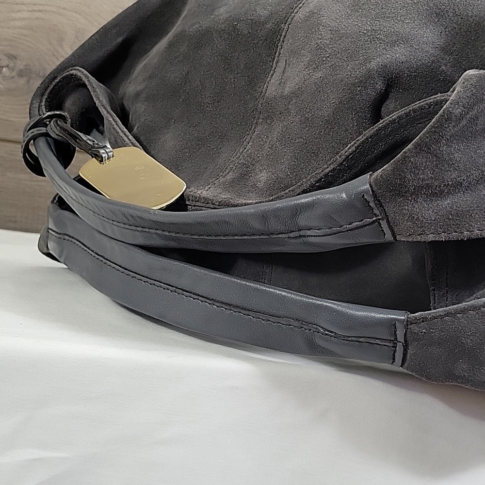 Furla Charcoal Gray Suede Hobo Bag with Gold Tag - Picture 5 of 13